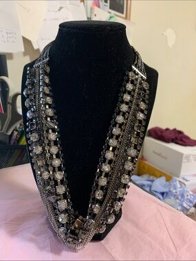 Multi-Strand Crystal Statement Necklace - Black and Silver